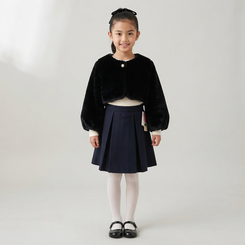A young girl stands against a light gray studio background wearing a black cropped faux-fur jacket with a single decorative button, a navy pleated skirt, white tights, and black Mary Jane shoes.