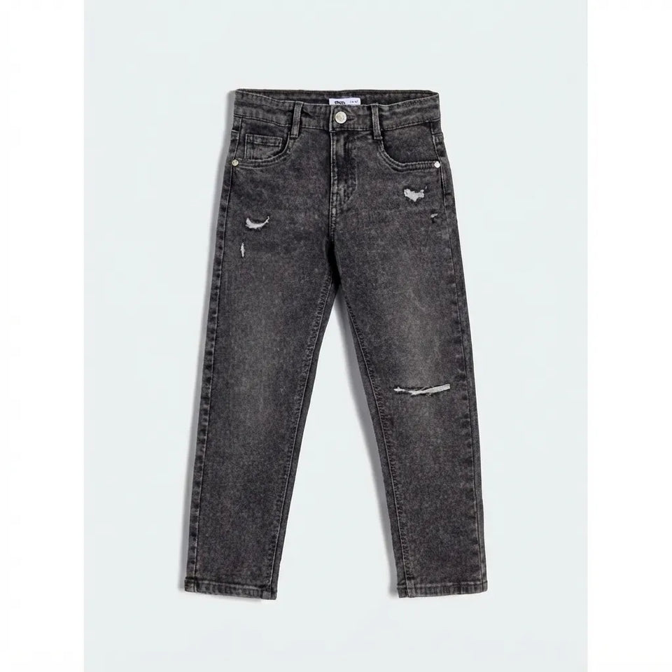 A pair of dark gray washed denim jeans with distressed rips on the thighs and knees, displayed flat against a light gray background.