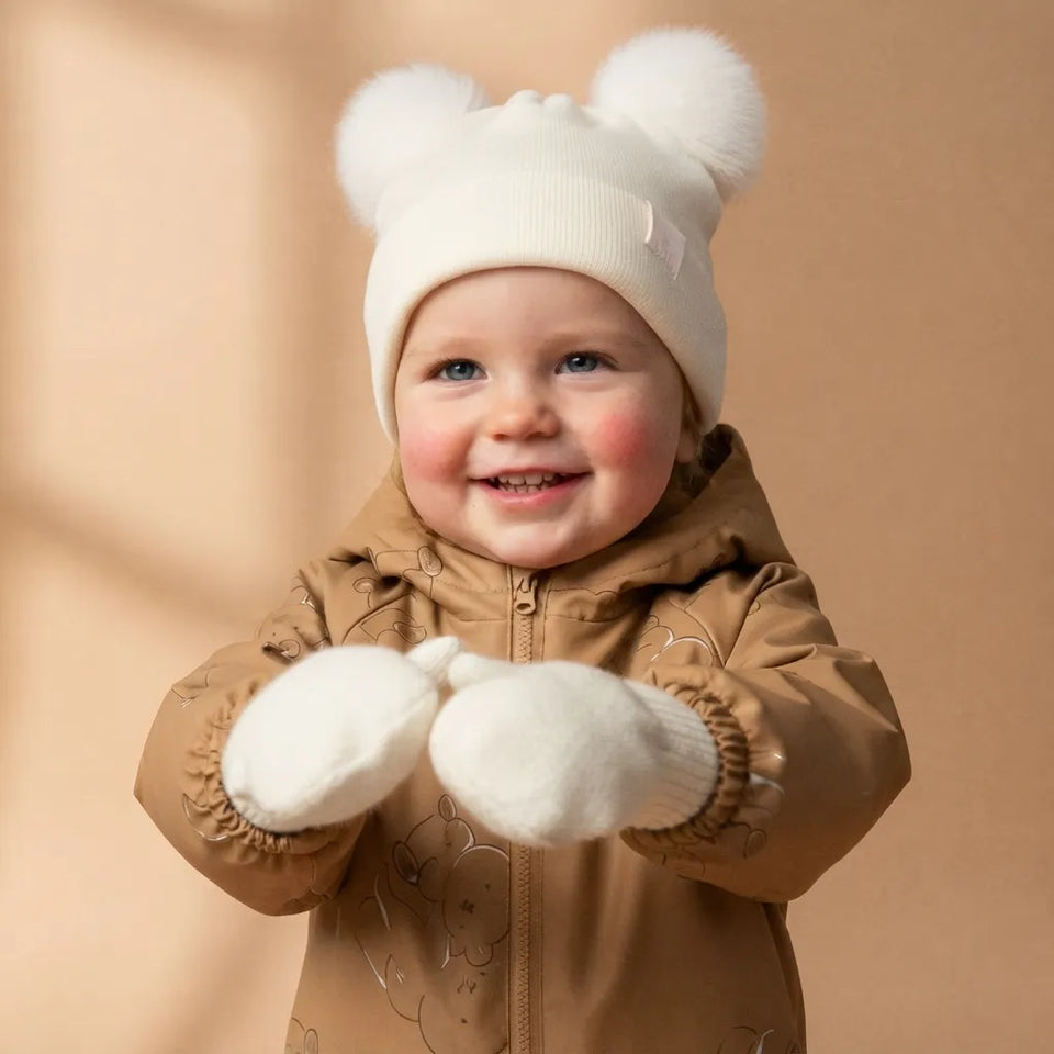 A smiling baby wearing a cream-colored knit beanie with two fluffy pom-poms, matching cream mittens, and a tan winter jacket, set against a warm beige background.