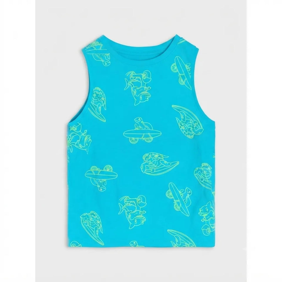 A sleeveless bright turquoise tank top featuring an all-over light green line art pattern of surfers and surfboards, displayed flat against a light gray background.