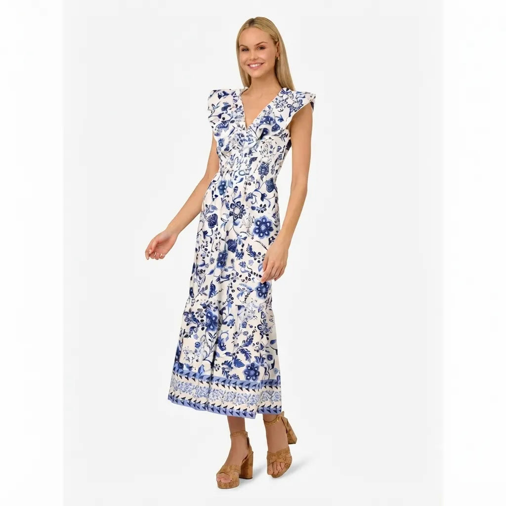 Adrianna Papell Women's White/Blue  Printed Ruffle Midi Dress