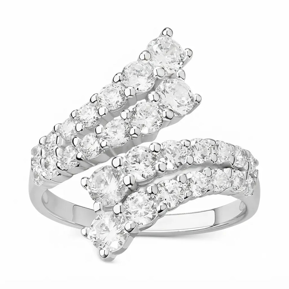 A silver-tone wrap-around ring featuring multiple rows of round-cut clear gemstones, photographed on a clean white background.