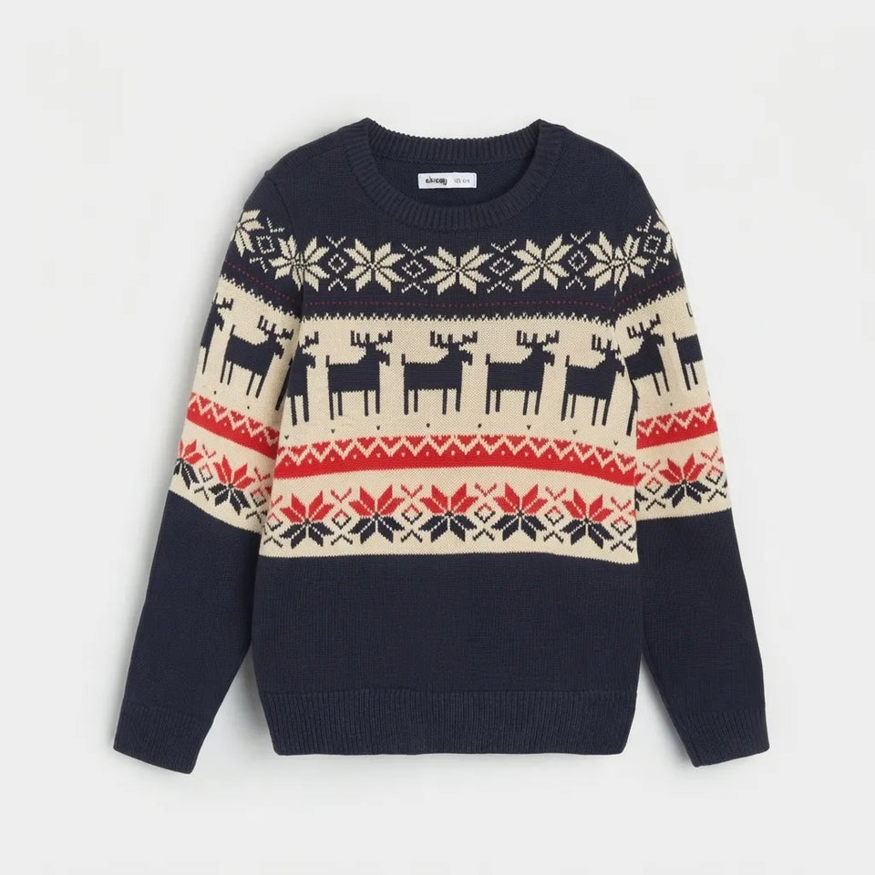 A navy blue knit sweater with a cream and red Nordic/Fair Isle pattern featuring moose silhouettes and snowflakes, laid flat against a light gray background.