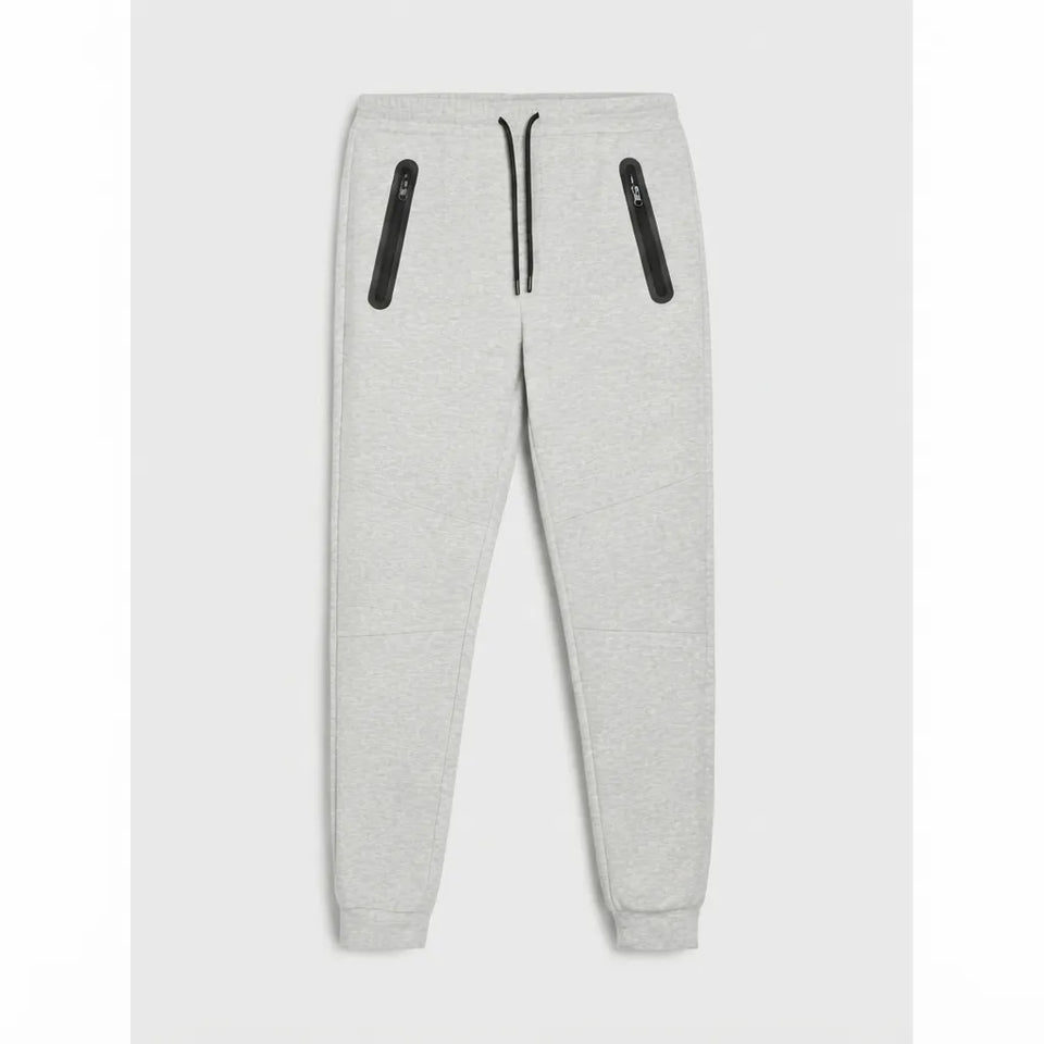 Light gray heather jogger sweatpants with black zippered side pockets and a black drawstring, shown flat against a light gray background.