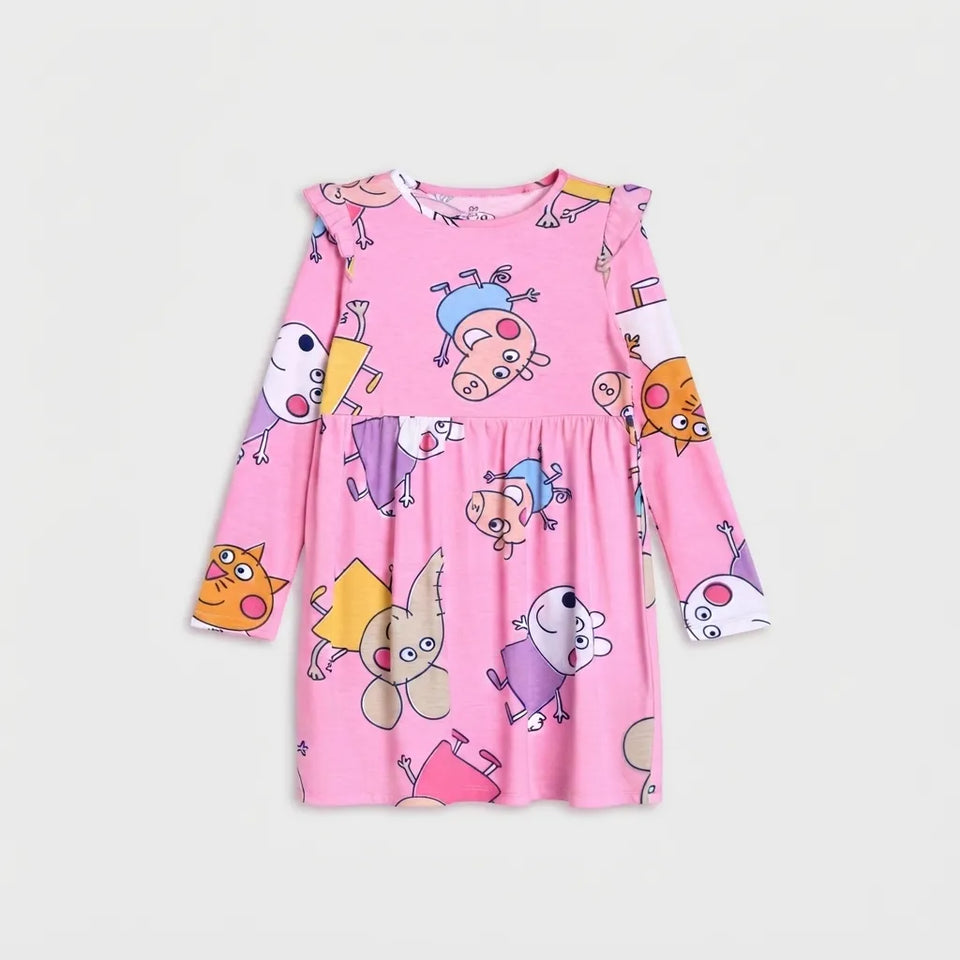 Sinsay Girl's Pink Peppa Pig & Friends Long-Sleeve Ruffle-Shoulder Dress