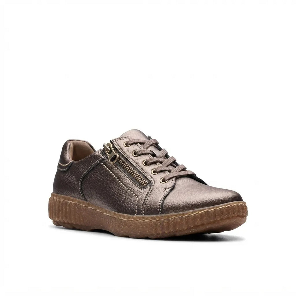A single women's low-top sneaker in metallic bronze-brown leather, featuring a side zipper, matching laces, and a textured brown sole, shown against a plain white background.