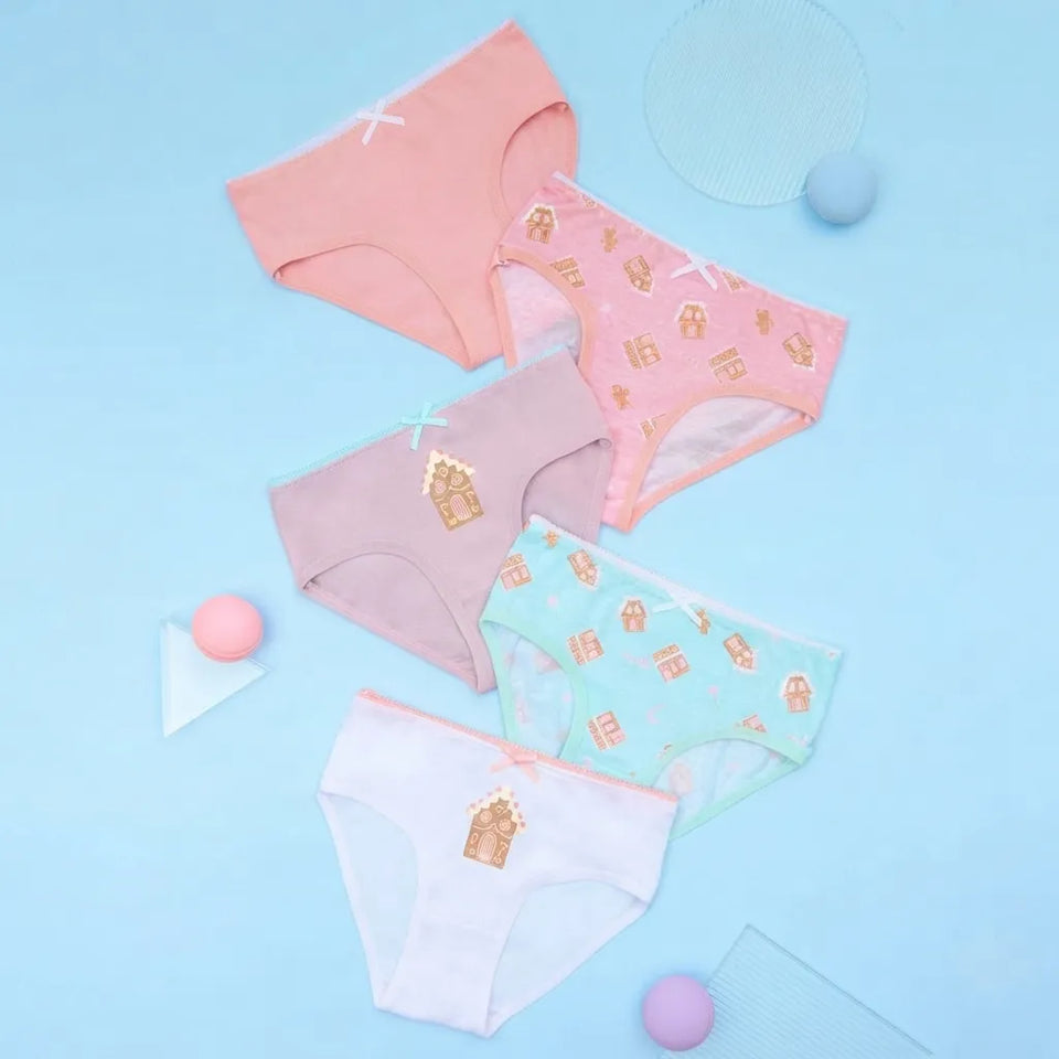 Four pairs of women's briefs in pastel colors are arranged on a light blue background with small decorative props. The briefs include pink, mauve, mint, and white options, each featuring a small house graphic on the front.