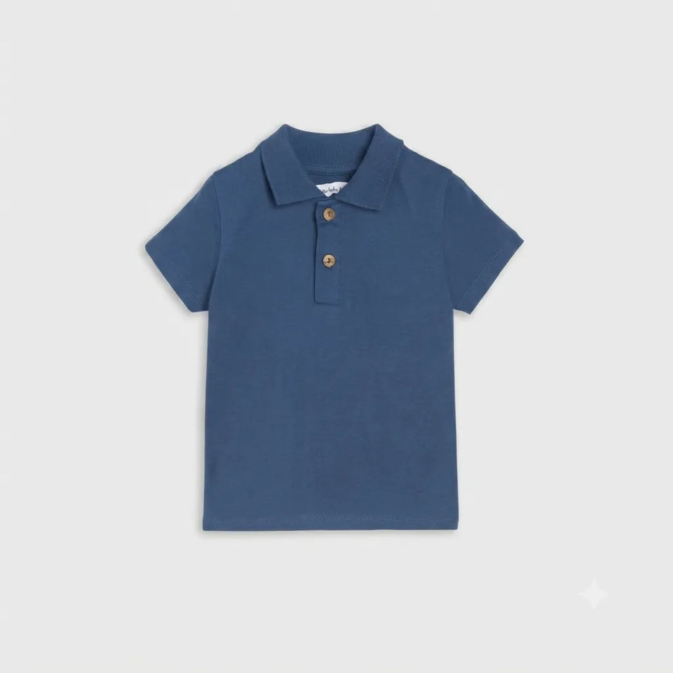 A short-sleeve polo shirt in a muted slate blue color, featuring a two-button placket with gold-toned buttons, displayed flat against a light gray background.