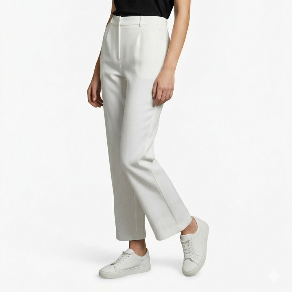 Person wearing a black t-shirt, white pants, and white sneakers on a white background