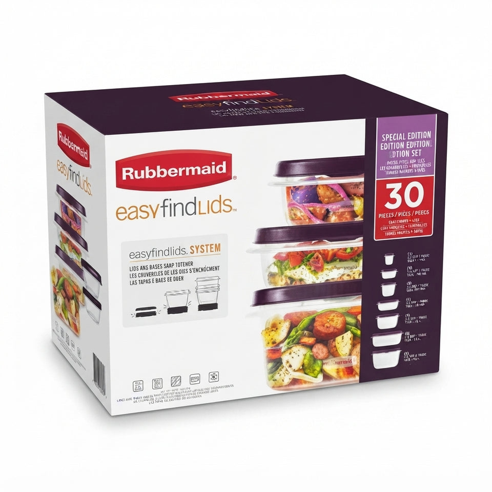 Rubbermaid easyfindLids SYSTEM 30-piece storage set in its original retail packaging, featuring a white and dark purple box with images of the clear plastic containers and food examples.