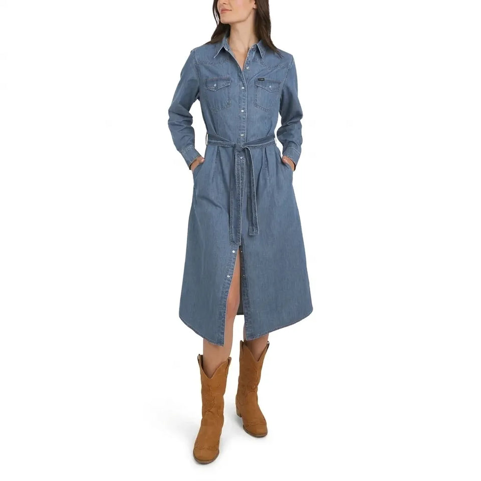Wrangler Woman's Blue Belted Denim Midi Dress