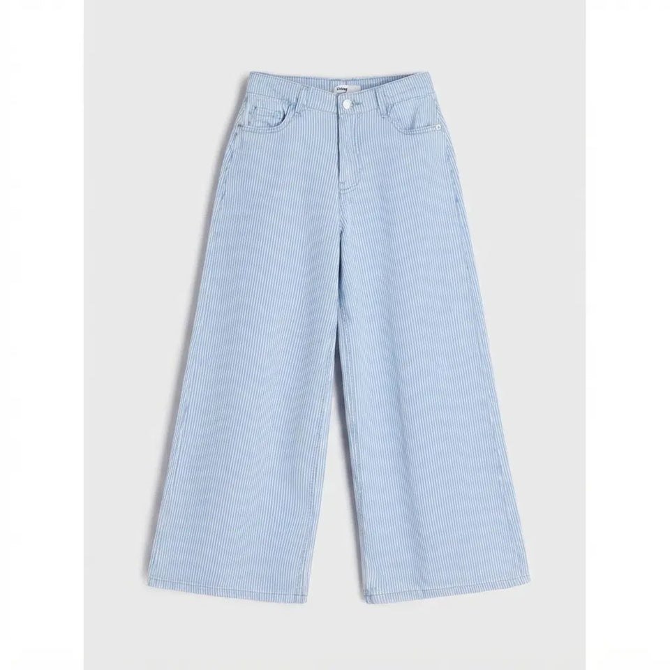 Light blue wide-leg cropped jeans with a subtle vertical stripe pattern, shown flat against a light gray background.