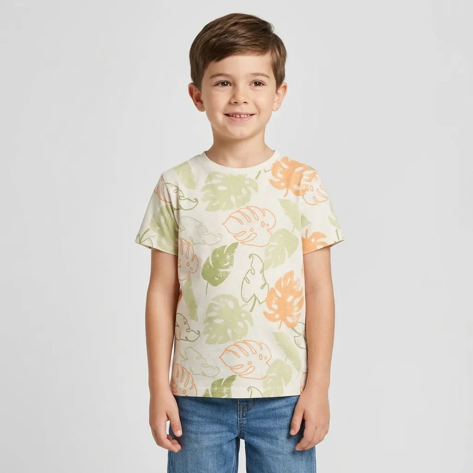 Sinsay Boy's Cream All-Over Leaves Printed T-Shirt