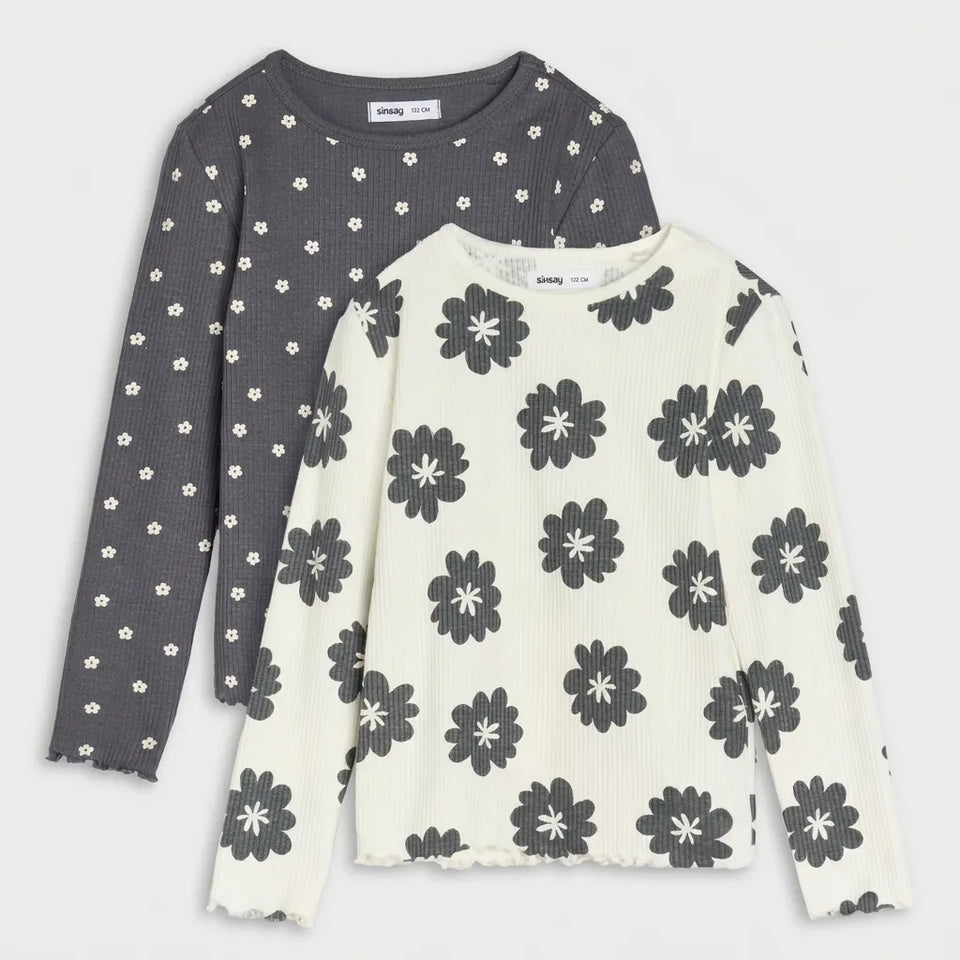 Sinsay Girl's Grey & White Floral Ribbed 2 Pack Blouse