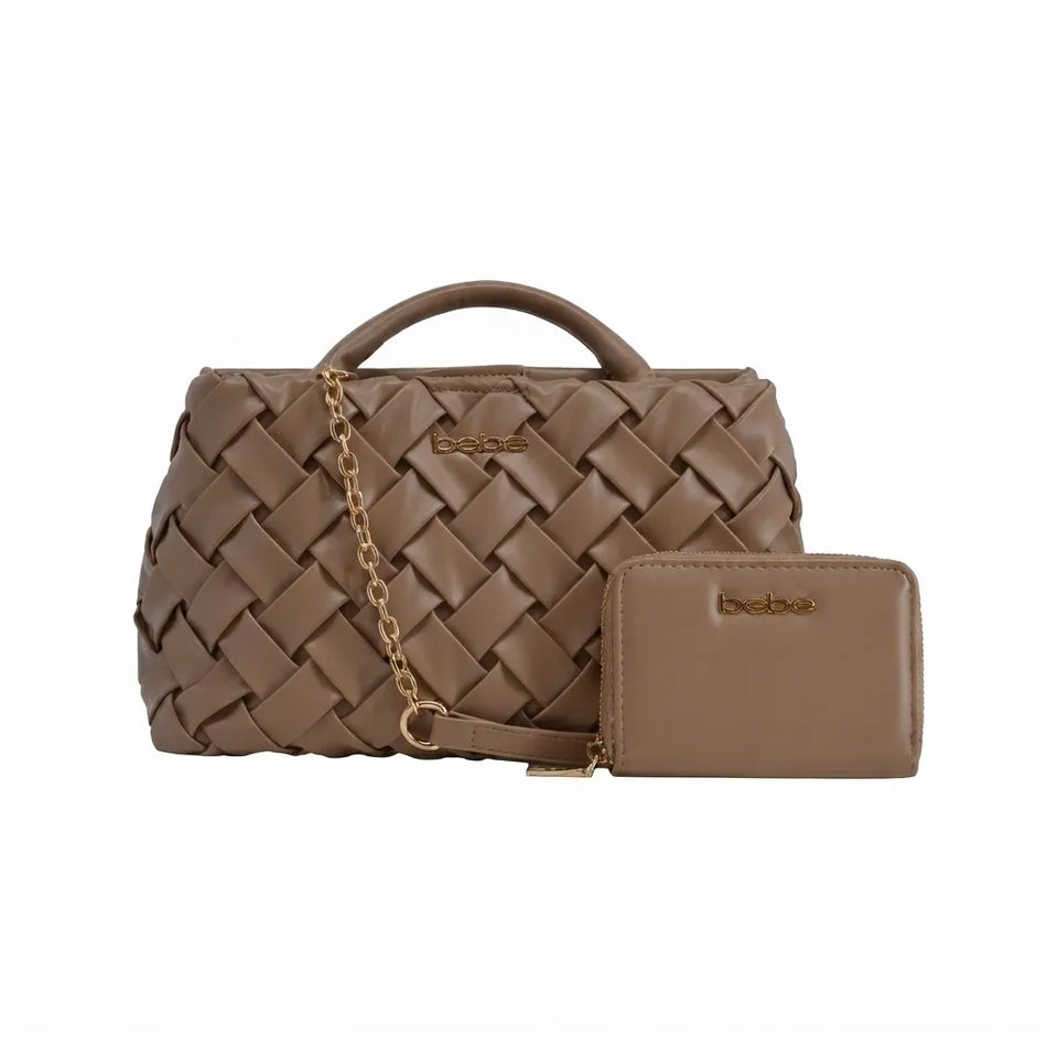 A brown woven leather handbag with a top handle, gold chain strap, and a matching zip-around wallet, both featuring a gold 'bebea' logo, set against a plain white background.