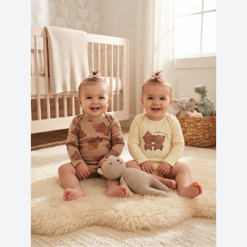 Sinsay Baby Girl's Cream & Brown Bear Print Long-Sleeve 2-Pack Bodysuit