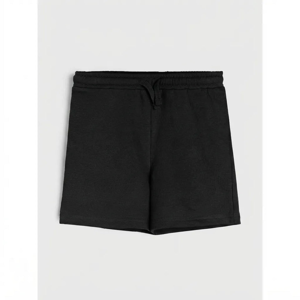 Black lounge shorts with an elastic drawstring waistband, shown flat against a light gray background.