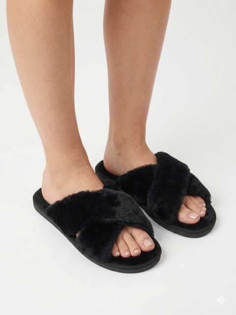 Sinsay Women Black Faux Fur Criss-Cross Slippers | Sinsay in Lebanon