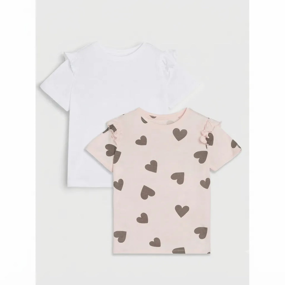 Two toddler girls' short-sleeve ruffle-sleeve t-shirts, one solid white and the other light pink with a brown heart pattern, displayed against a light gray background.