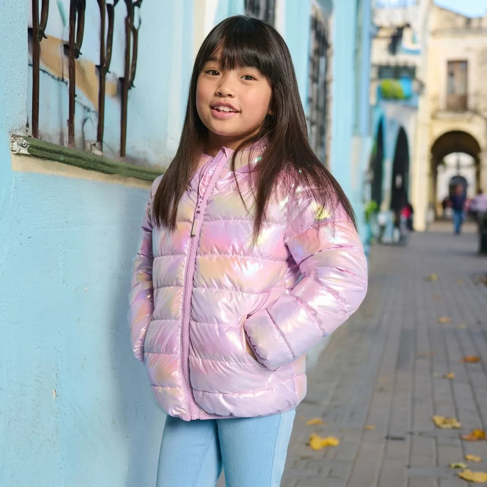 Sinsay Girl's Metallic Light Pink Holographic Hooded Quilted Puffer Jacket.
