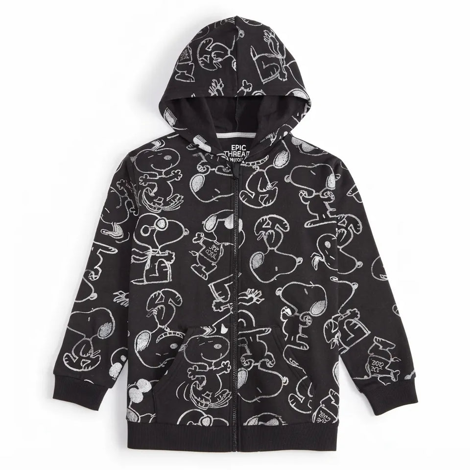 Epic Threads Boy's Black Snoopy-Print Zip-Up Jacket