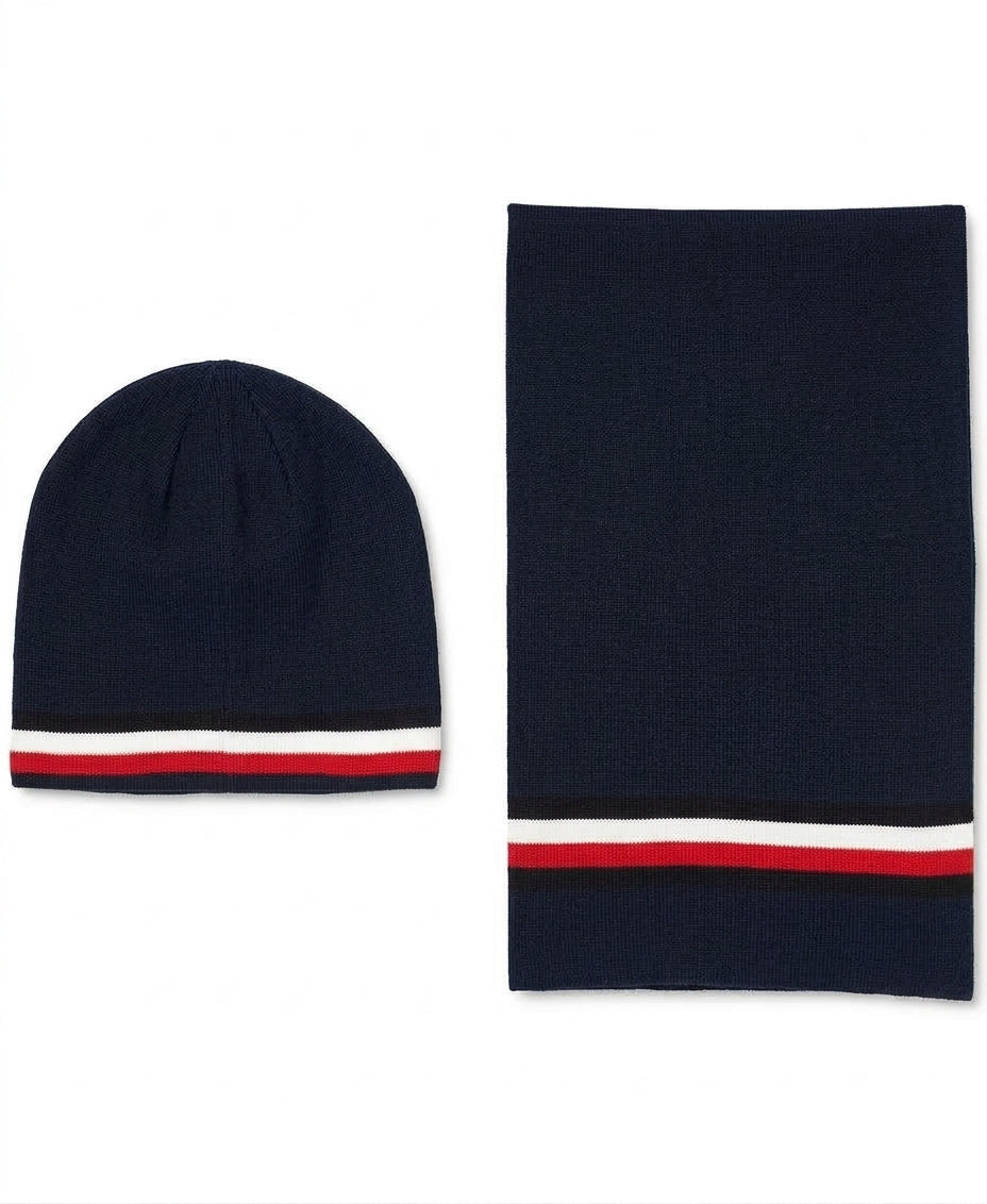A navy blue knit beanie and matching neck gaiter set, both featuring a classic white and red stripe border at the bottom, displayed on a clean white background.