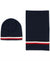 A navy blue knit beanie and matching neck gaiter set, both featuring a classic white and red stripe border at the bottom, displayed on a clean white background.