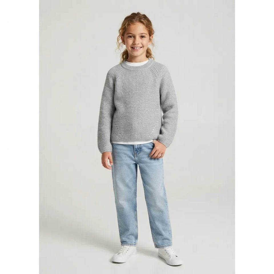 Sinsay Girl's Light Grey Crew Neck Reglan Sleeve Sweater