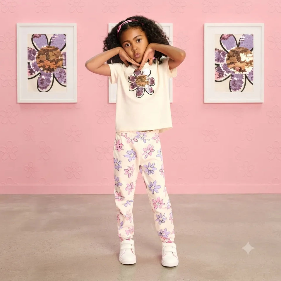 A young girl modeling a cream-colored two-piece outfit featuring a sequined flower graphic on the t-shirt and matching floral print pants, posing in front of a pink wall with framed art.