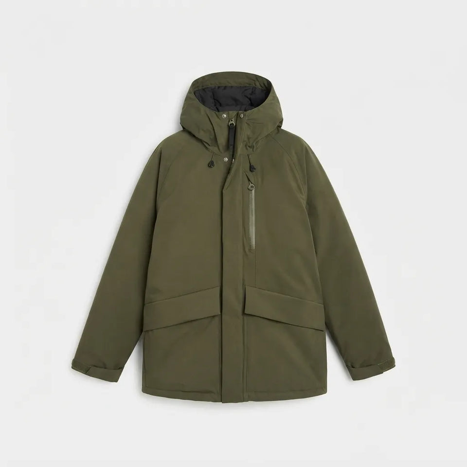 An olive green hooded winter parka jacket with a front zipper, vertical zip pocket, and large front flap pockets, shown on a light gray background.