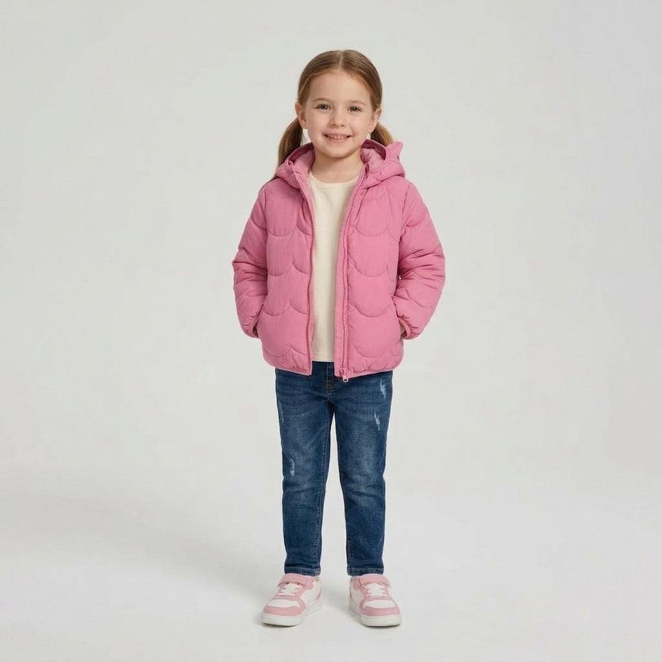 Sinsay Girl's Pink Hooded Puffer Jacket With Full Zip And Wavy Quilted Pattern.