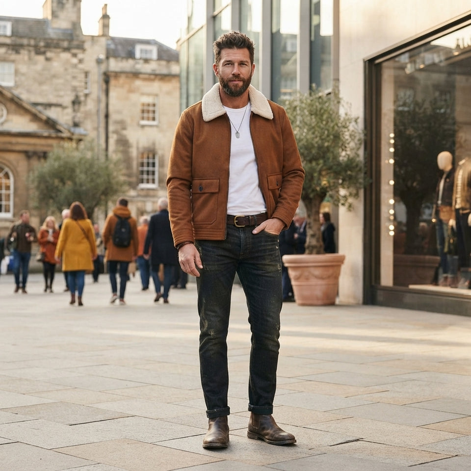 A man wearing a brown suede jacket with a cream shearling collar, a white t-shirt, dark jeans, and brown boots stands on a city street.