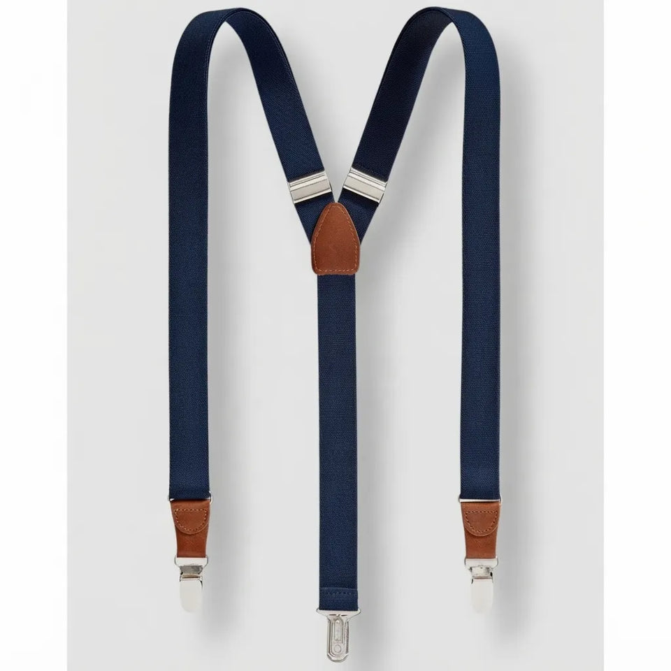 Navy blue fabric suspenders with brown leather accents and silver metal clips, displayed against a light gray background.