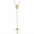 A gold-toned rosary necklace featuring clear faceted beads, a circular medallion with a crown and figure, and an ornate cross pendant, shown against a plain white background.