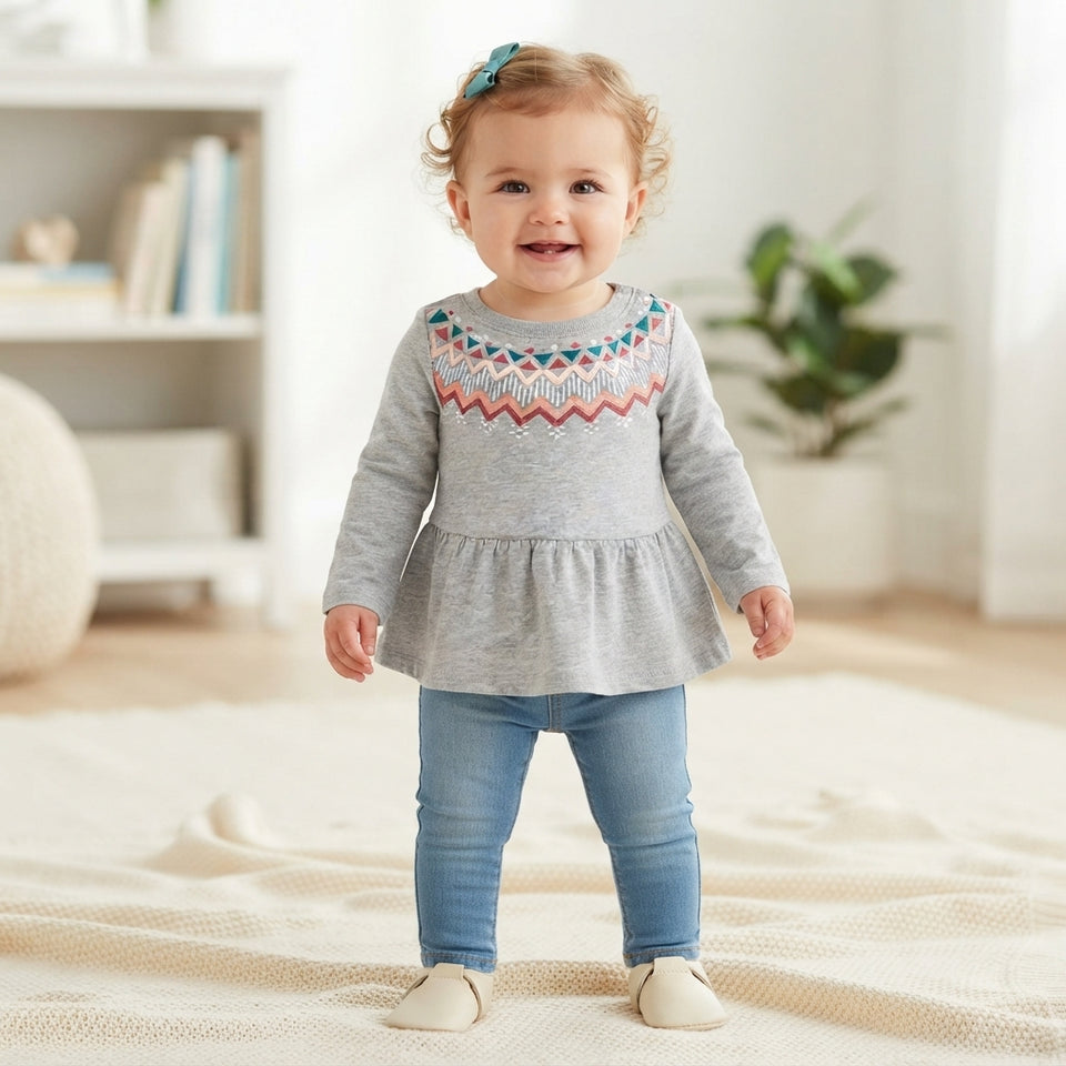 A toddler girl wearing a gray long-sleeve top with a colorful geometric pattern across the chest, blue jeans, and cream shoes, standing on a textured cream blanket in a bright room.