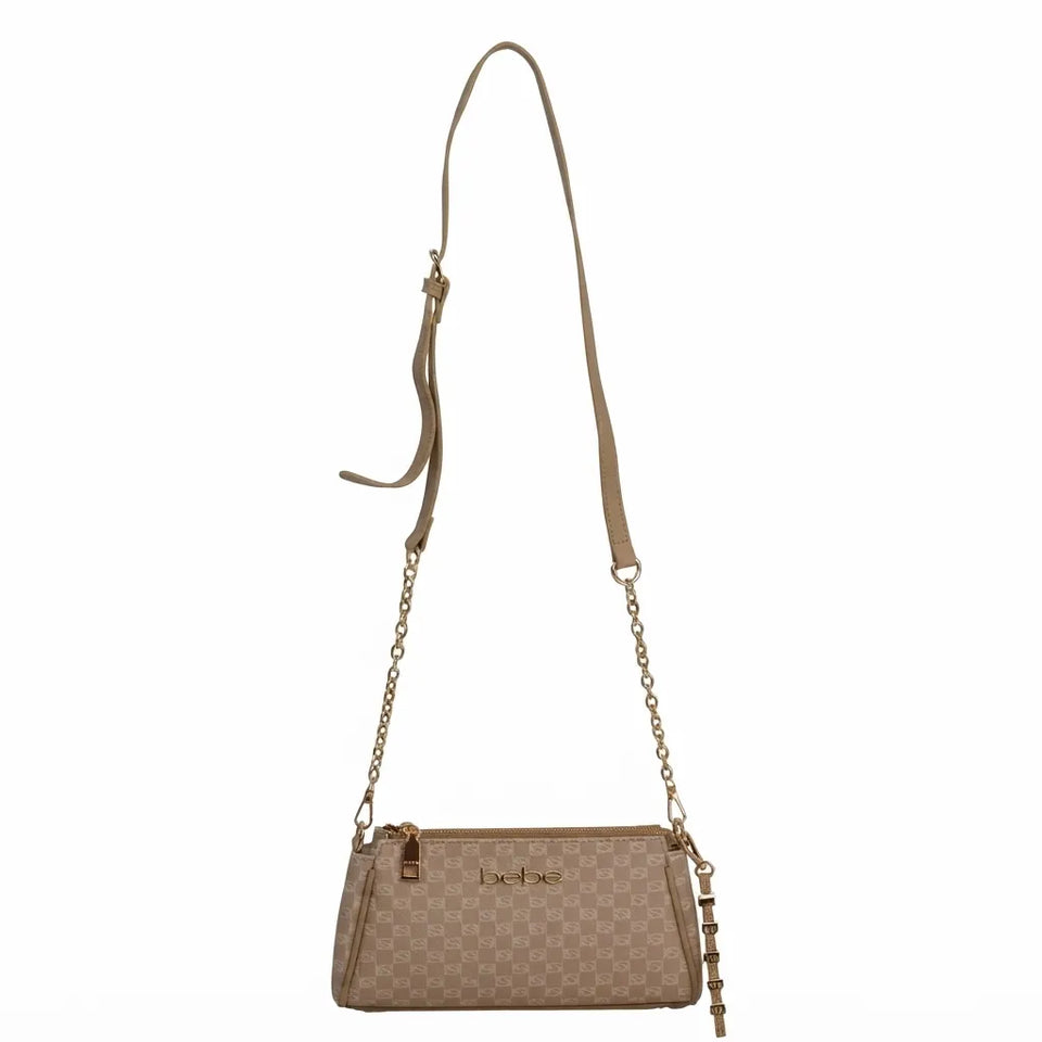 A beige and brown checkered crossbody handbag with a gold chain strap and a small gold logo plaque on the front, set against a plain white background.