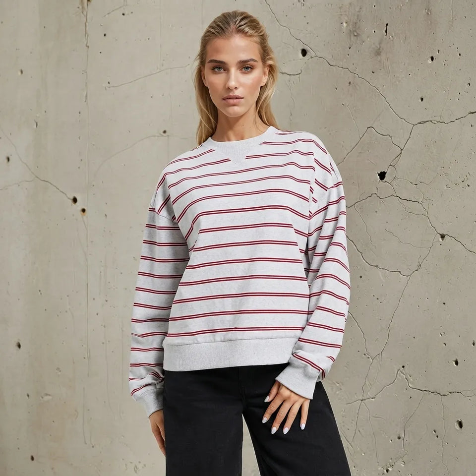 Sinsay Women's Light Grey Red Striped Crew Neck Sweatshirt