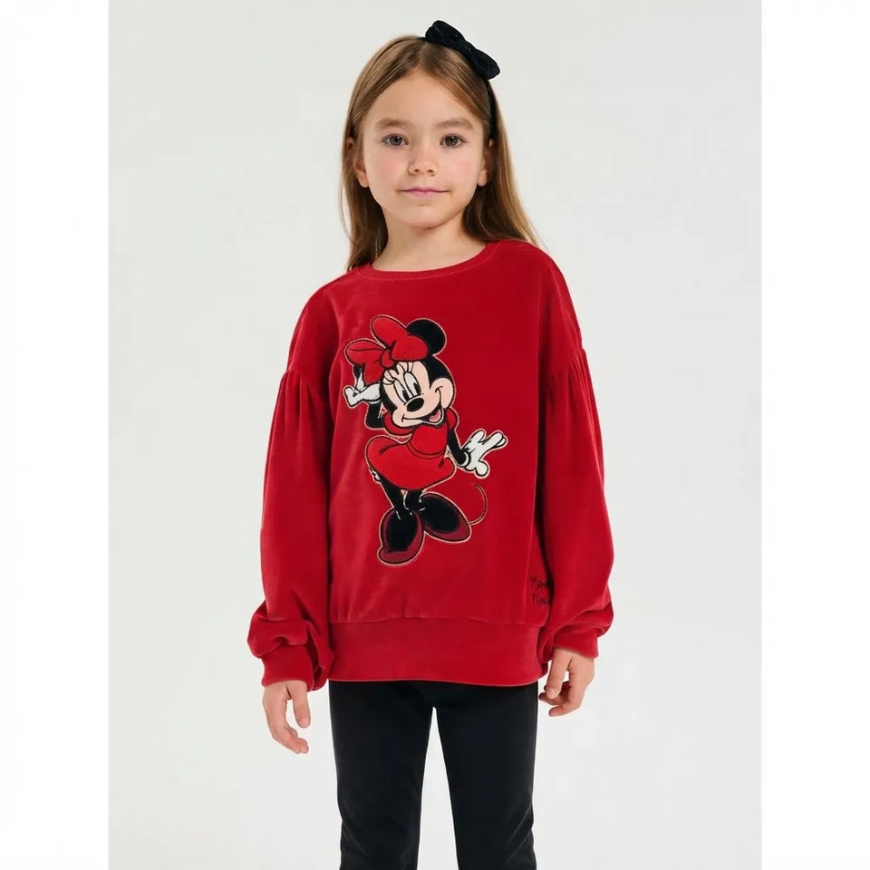 Sinsay Girl's Red Velour Minnie Mouse Graphic Sweatshirt
