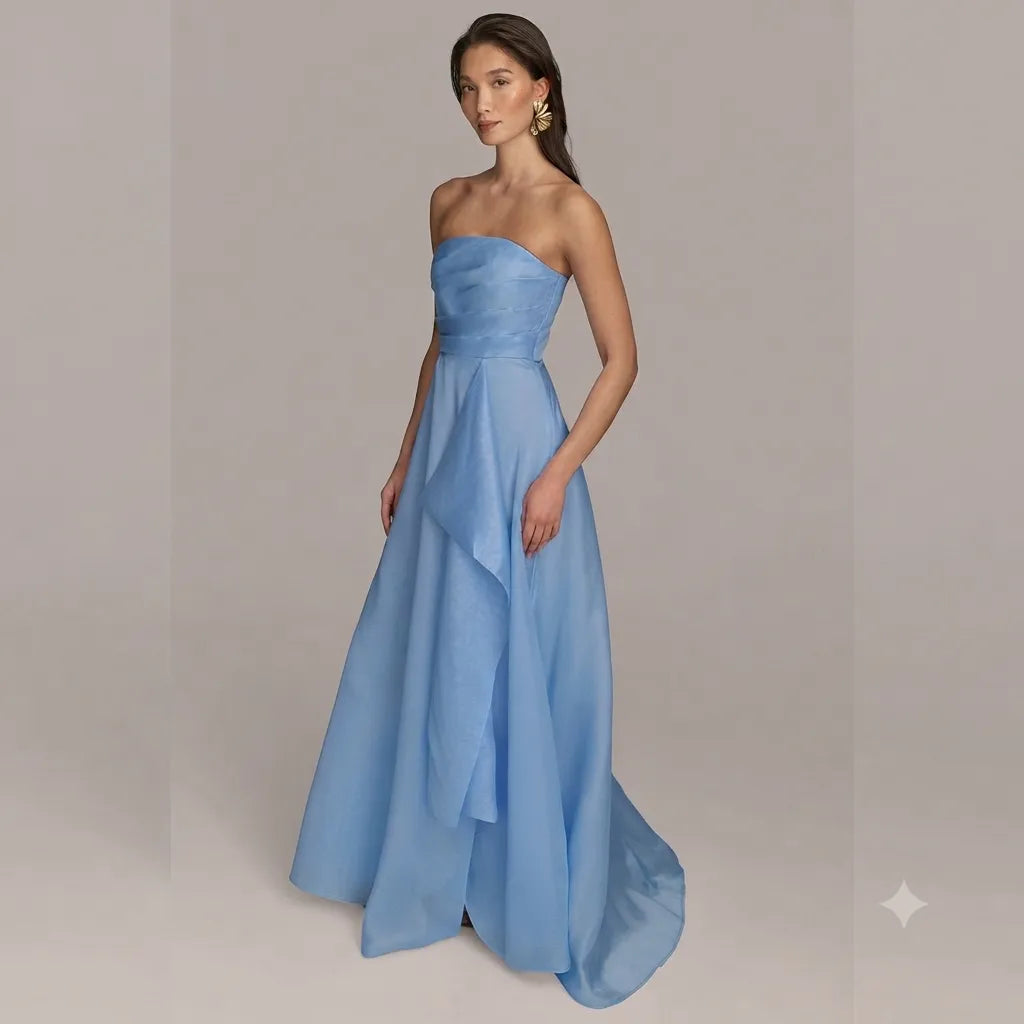 Donna Karan Women's Baby Blue Strapless Cascading Dress