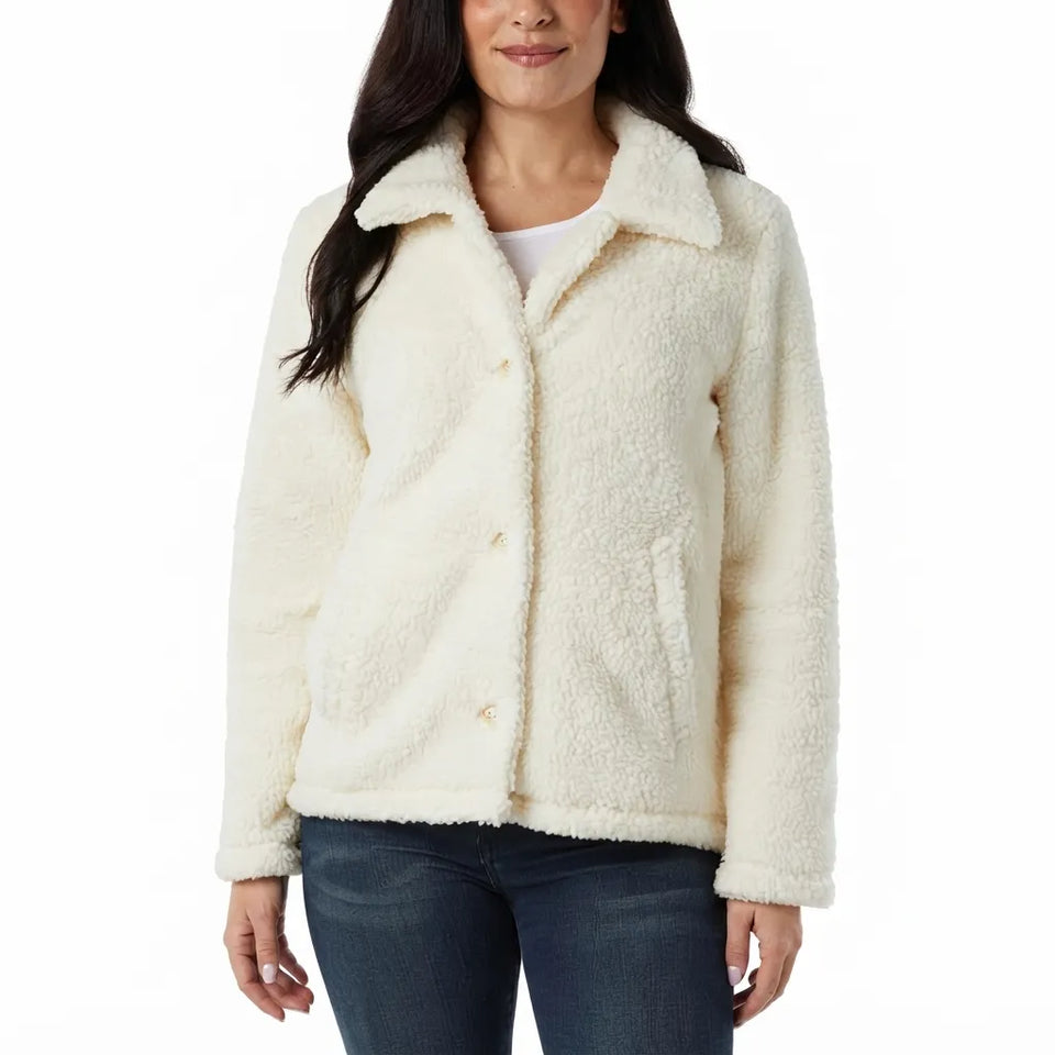 32 Degrees Heat Women's Off White Cozy Fleece Button Front Jacket