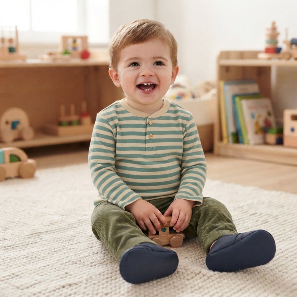 A smiling toddler sitting on a cream woven rug in a bright playroom, wearing a light green and white striped long-sleeve henley shirt, olive green pants, and navy blue socks.