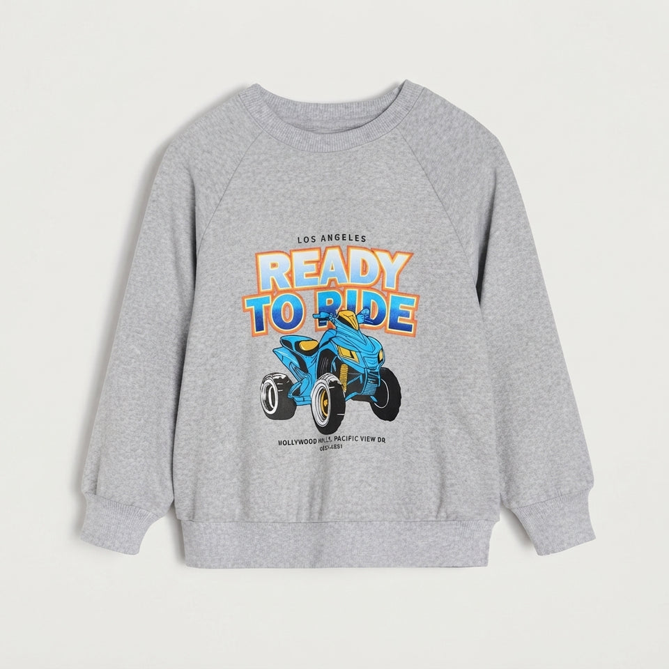 A light gray heather crewneck sweatshirt featuring a colorful graphic of a blue motorcycle and the text 'LOS ANGELES READY TO RIDE' on the front, displayed against a light off-white background.