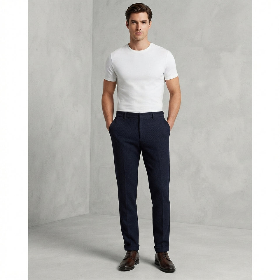Boss Men's Navy Regular Fit Checkered Chino Trouser