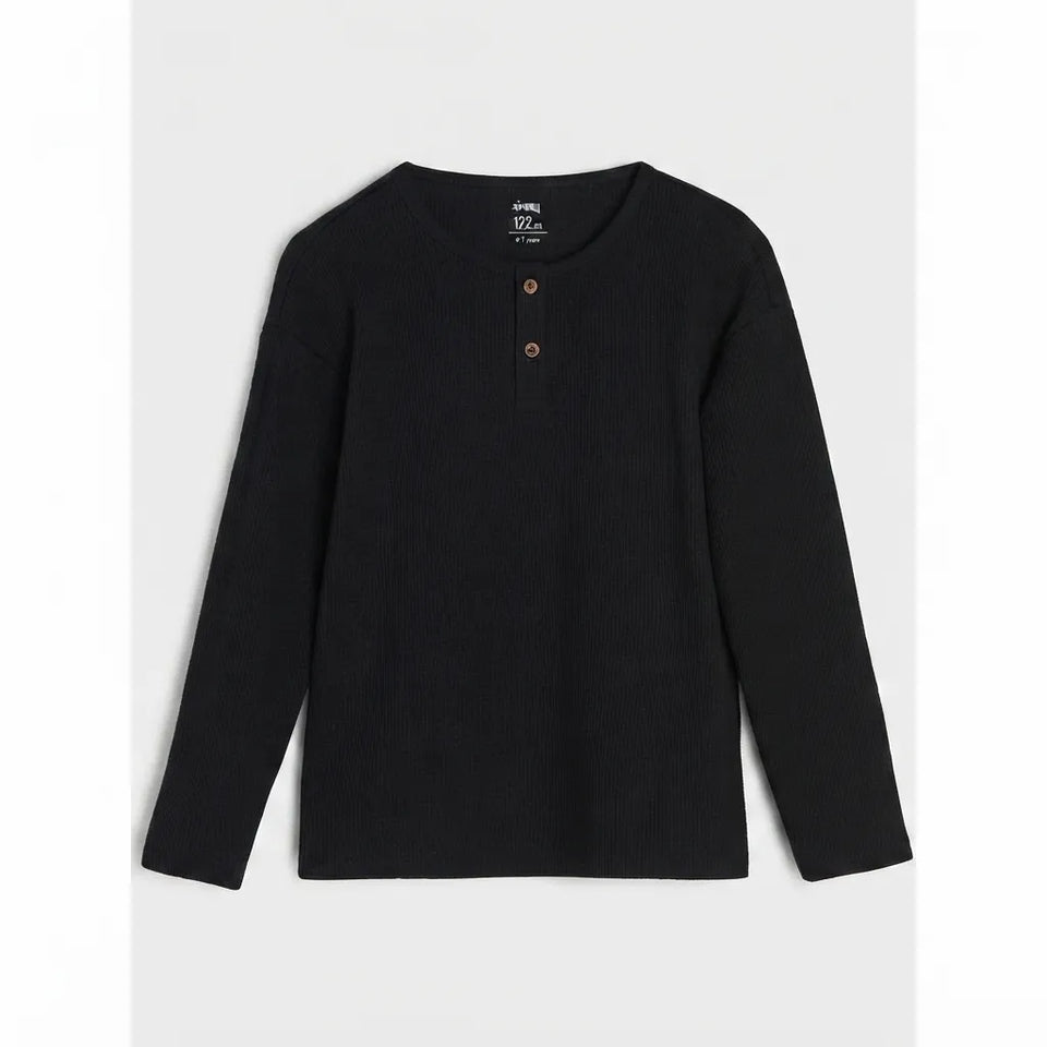 A black long-sleeve henley shirt with a ribbed texture and two brown buttons, displayed flat against a light gray background.