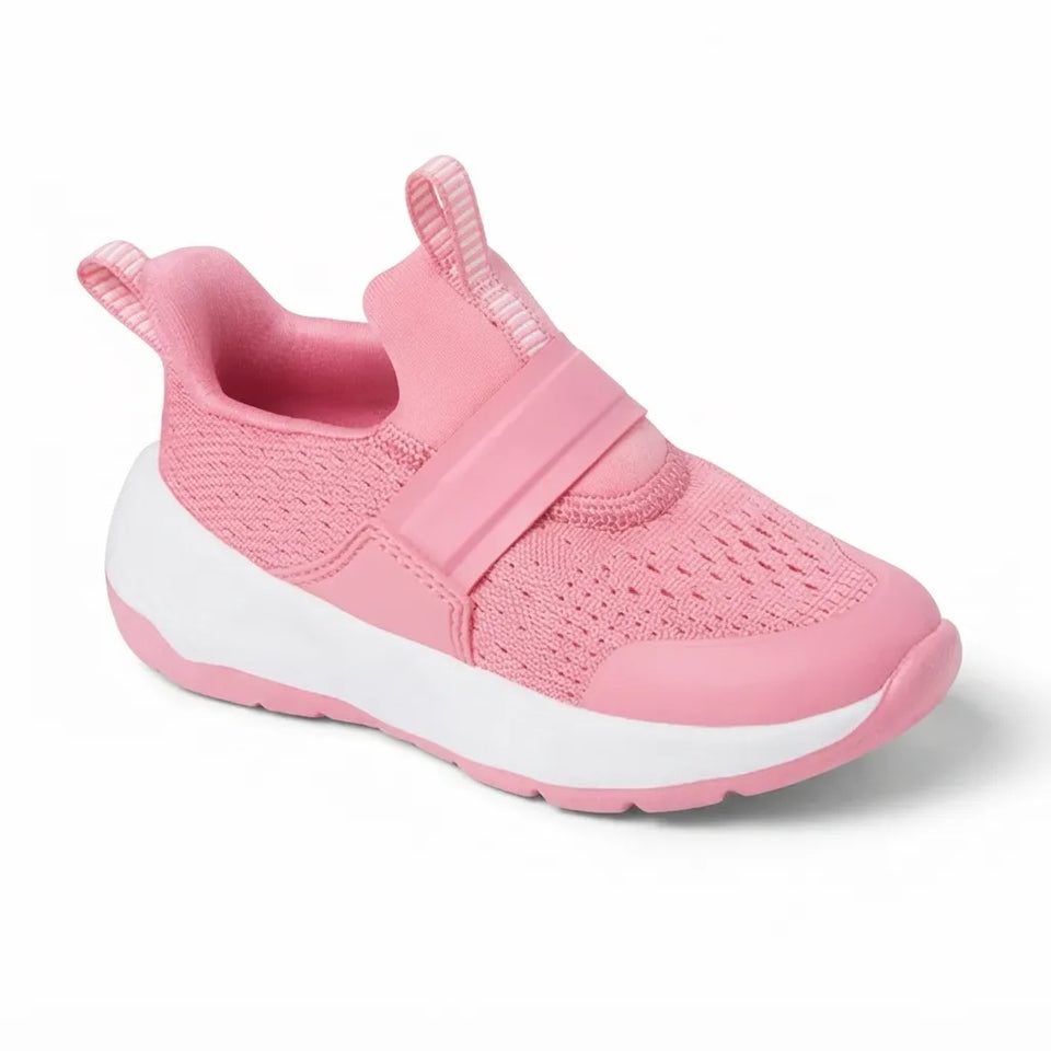 A pink slip-on mesh sneaker with a hook-and-loop strap and a white midsole, shown from a three-quarters angle on a white background.