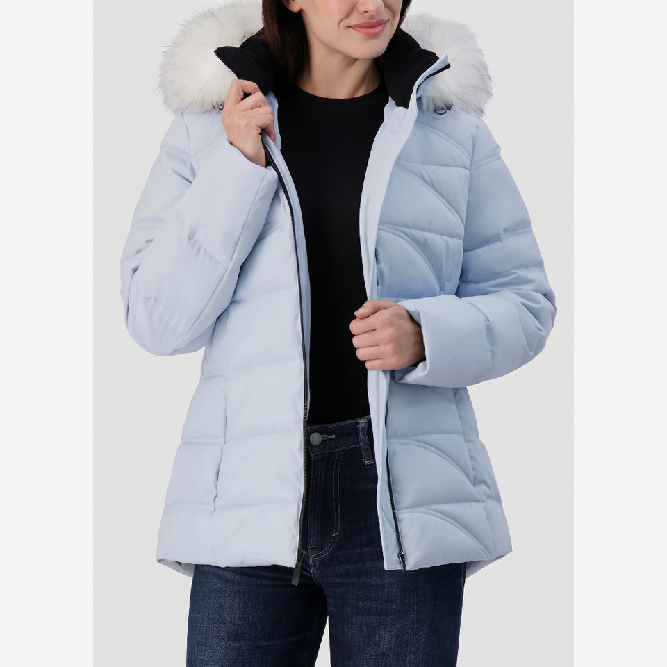 Nautica Women's Light Blue Short Puffer With Faux Fur Trim Hood Jacket