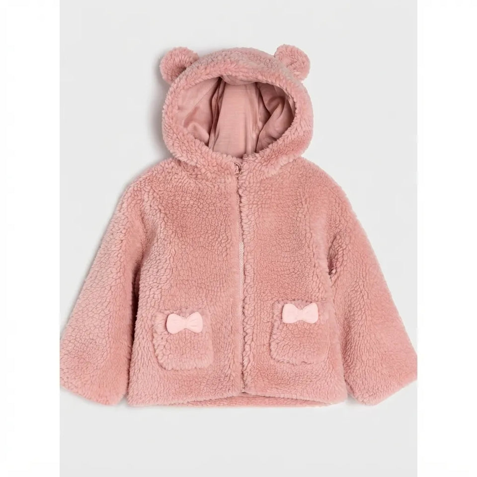 A pink teddy fleece hooded jacket for toddlers, featuring bear ears on the hood, a front zipper, and two front pockets with small bow details, shown against a light gray background.
