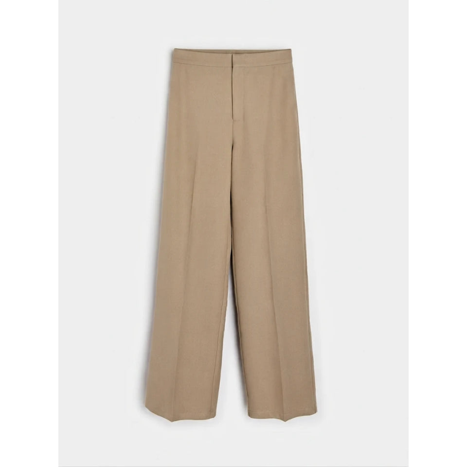 A pair of wide-leg trousers in a light tan or khaki color, displayed flat against a light gray background.