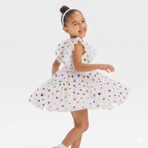 Disney  Girls' White Rainbow Foil Tulle Dress | Disney in Lebanon