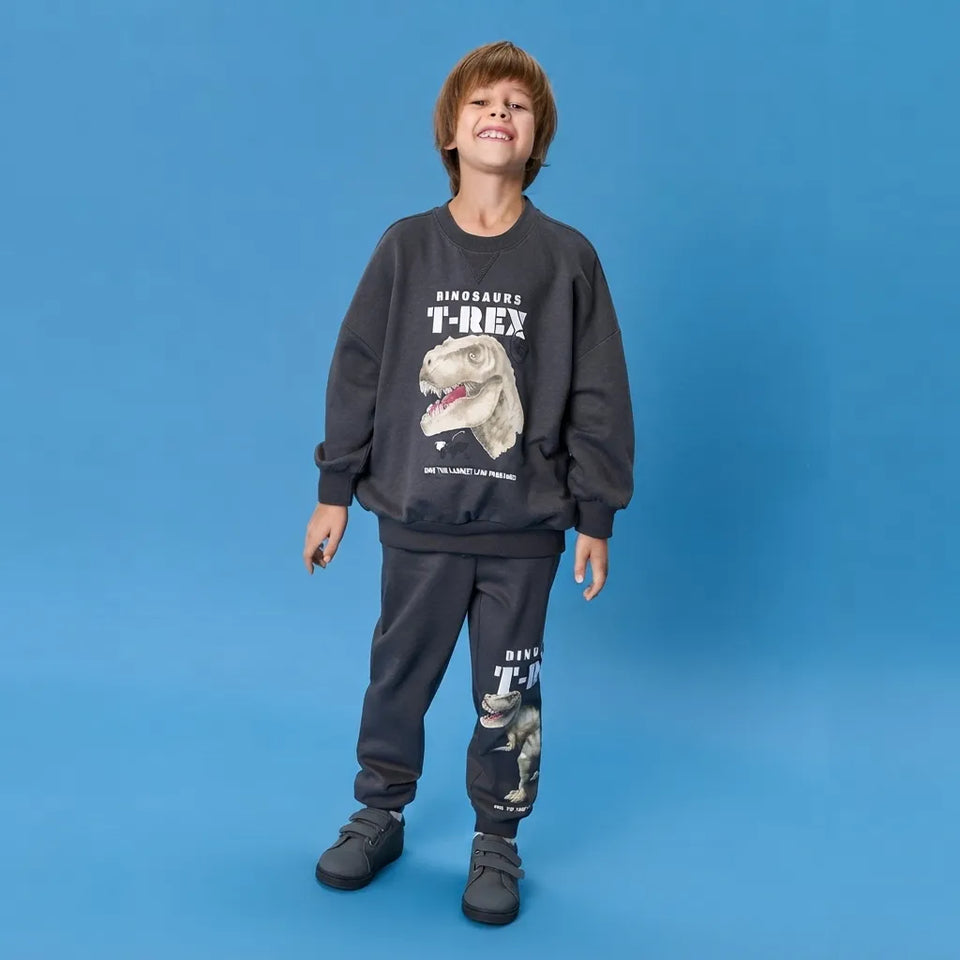 A young boy stands against a solid blue studio background wearing a dark gray sweatshirt and sweatpants set with dinosaur graphics. The sweatshirt features a large T-Rex illustration and the text 'DINOSAUR T-REX', while the pants have a matching graphic on the lower leg.